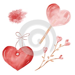 Love watercolor clipart set with red texture, heart shaped candy, pendant, flowers.