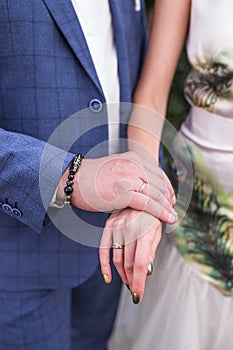 Newlyweds hands with rings