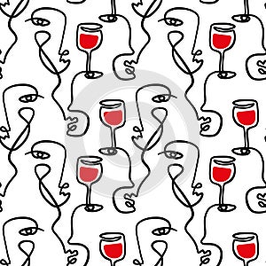 Love wine one line faces minimalistic brush grunge abstract alcohol party glass seamless pattern. Vector illustration