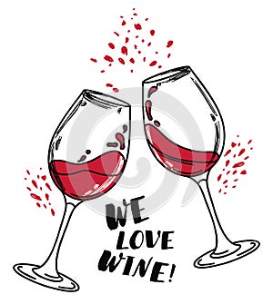 `We love wine` poster with two wine glasses