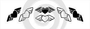 Love with wings icon set. Winged heart vector icons set. Heart fly vector stock illustration. Love heart in the air romantic