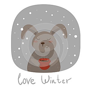 Love Winter card with rabbit and cup