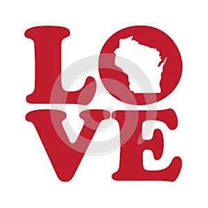 LOVE Wisconsin State Red Outline Vector Graphic Illustration Isolated