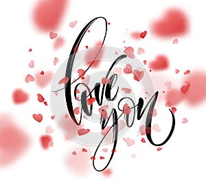 Love word hand drawn lettering with red heart. Vector illustration