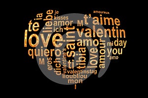 Love words in a golden heart on black background, Valentine multilingual wordcloud greeting card