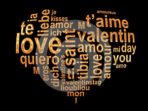 Love words in a golden heart isolated on black