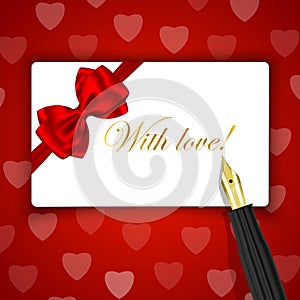 With love! words on luxury gift card and fountain pen on red hearts background