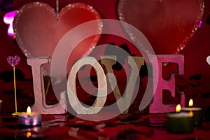 Love written letters, word, red background, heart, hearts, candles