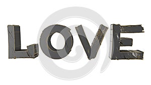 Love written in worn metal letters. The word Love written in space on a white background. Isolated 3D image