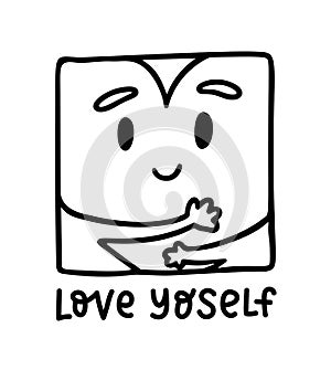 Love yoself. Cute kawaii heart hugging yourself. Doodle style Vector