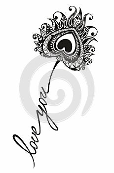 Love you banner. Romantic feeling. Love concept with feathers. Caligraphy text. . Tattoo art for your design.