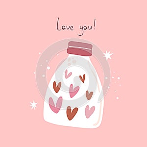 Love you. Cartoon glass jar, hearts, hand drawing lettering, decoration elements. Colorful vector flat style illustration.