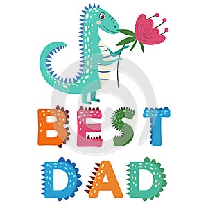 Love you dad hand drawn lettering with baby and parent Dino characters illustration for father s day card, banner.