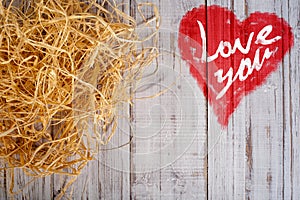 Love You Heart Greeting On Distressed Vintage Grunge Texture Wood Background Painted