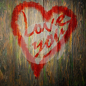 Love You Heart Greeting On Distressed Vintage Grunge Texture Wood Background Painted