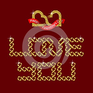 Love You intertwined golden glittering bands font lettering with two connected hearts valentine logo on red background