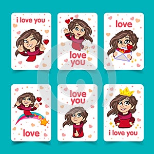 Love you lettering template for girlish t shirt print design. Valentine s Day greeting card. Cute girl character.