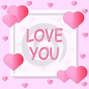 `Love you` lettering on white frame vector illustration design.Valentine`s Day romantic postcard cartoon concept.