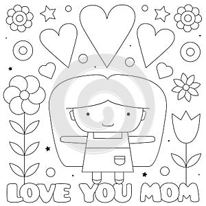 Love you mom. Coloring page. Black and white vector illustration.