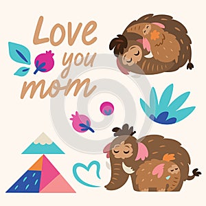 Love you mom greeting card. Baby mammoth with his mother among leaves, mountains and berries