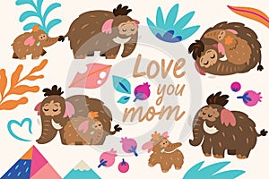 Love you mom greeting card. Baby mammoth with his mother among leaves, mountains and berries