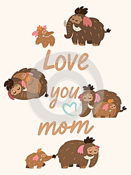 Love you mom. Print with baby mammoth following her mom among mountains, leaves and berries