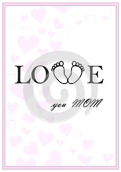 Love you mom vertical pink greeting card vector