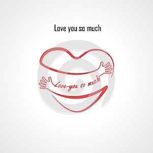 Love You So Much typographical design elements and Red heart shape with hand embrace