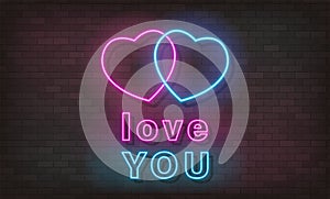 Love You neon text, bright signboard, light banner. Valentine Day logo neon, emblem. Vector illustration
