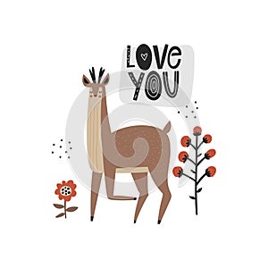 Love you romantic lettering inscription with cute roe deer and doodle flowers drawings