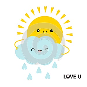 Love you. Sun holding cloud icon. Heart water drops, rays. Cute kawaii face. Cartoon funny smiling baby character. Good morning.