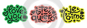 Love you, te quiero, je t'aime words bold lettering colorful sticker set. Vector modern typography compositions with photo