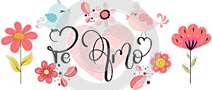 Love you text hand lettering with birds flowers and hearts of love. Valentines day