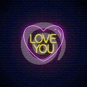 Love you text in heart shape in neon style. Happy Valentines Day neon glowing festive sign. Holiday greeting card