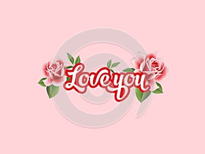 red pink white roses flower and red petal with love text festive floral Valentine day women day Greetings card text