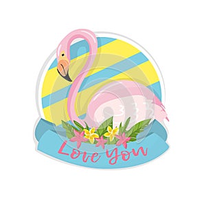 Love you tropical summer label, design element with palm leaves, exotic flowers and flamingo vector Illustration