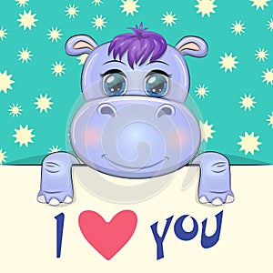 Love you valentine's day greeting card with animal. Cute hero with beautiful eyes, expressive