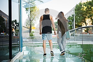 love young couple on a walk in the city