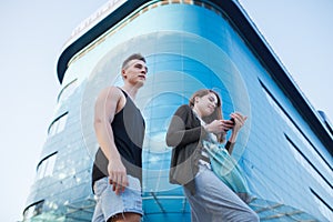 love young couple on a walk in the city