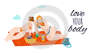Love your body, fat bodypositive women onbeach eating fruits in summer dressed in swimsuits, overweight vector