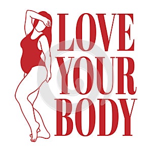Love your body. Vector hand drawn illustration of fat woman in swimsuit isolated.