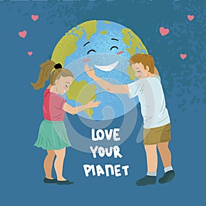 Love your planet. Young children embrace globe. Vector illustration.