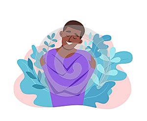 Love yourself African American men hugging herself with enjoying emotions vector illustration.