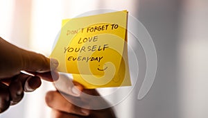 Love Yourself Concept. Note on the Mirror with Good Quote. Mental Health Remind and Practice a Positive Mind