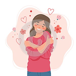 Love yourself concept, woman hugging herself, vector illustration in flat style