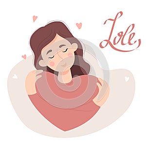 Love yourself. girl in love hugs herself. Vector illustration. Concept Love yourself and find time for yourself, taking