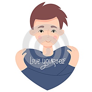 Love yourself. handsome young guy with haircut hugs himself. Concept Love yourself and find time for yourself and care