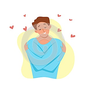 Love yourself men hugging herself with enjoying emotions vector illustration.
