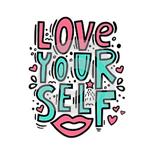 Love yourself - motivational quote. Modern brush pen lettering. Love yourself hand made color text. Handwritten