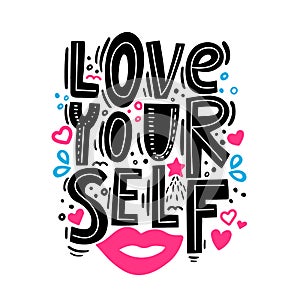 Love yourself - motivational quote. Modern brush pen lettering. Love yourself hand made color text. Scandinavian